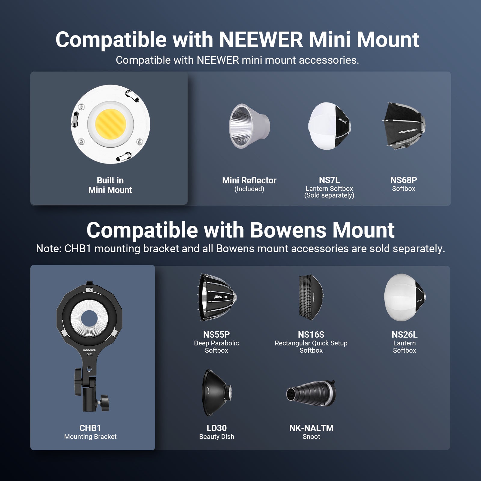 NEEWER FS60B Mini Mount modifiers and CHB1 adapter for Bowens mount accessories