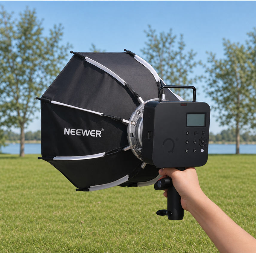 NEEWER Q4 outdoor strobe fitted with a Bowens softbox