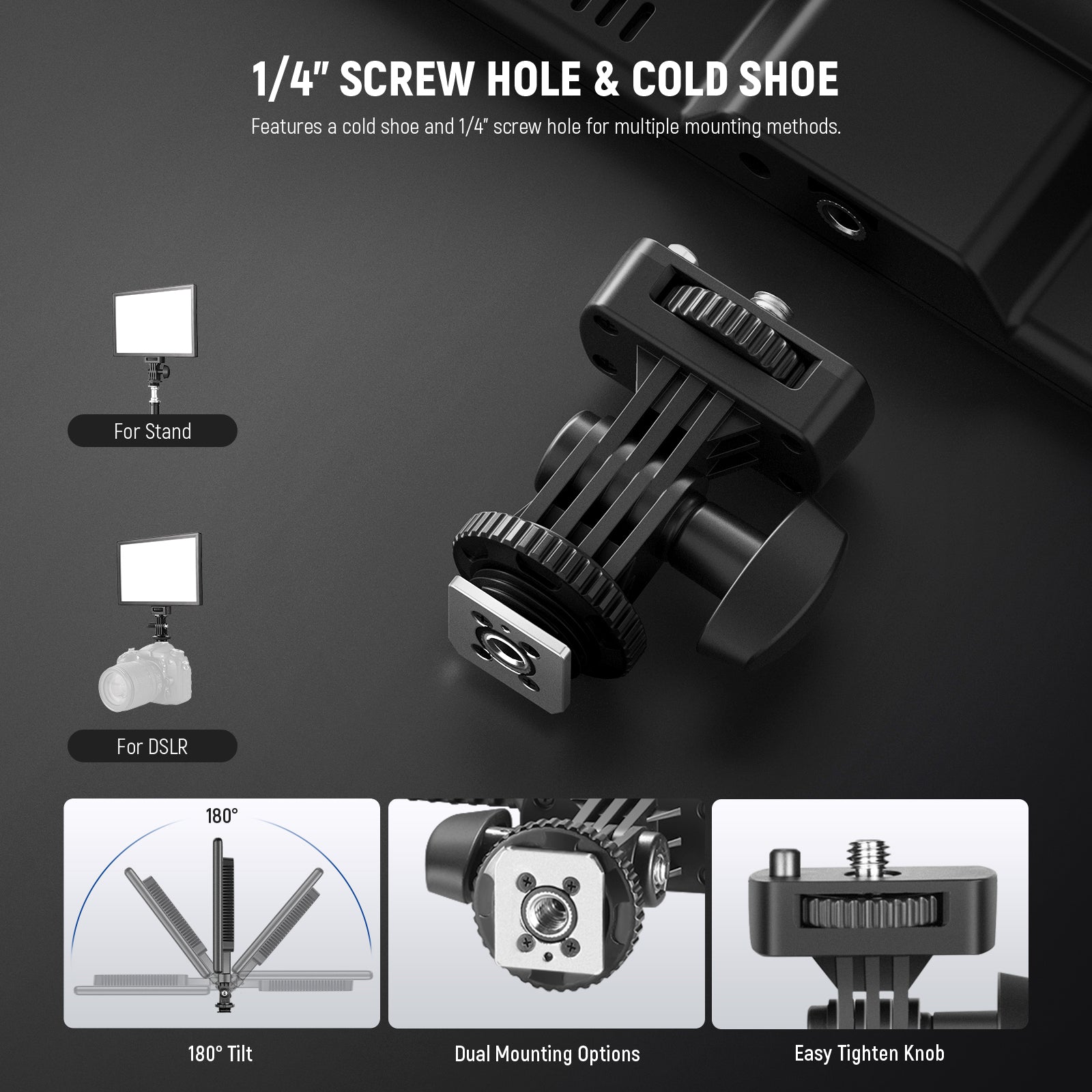 NEEWER NL-192AI cold-shoe adapter and mounting options