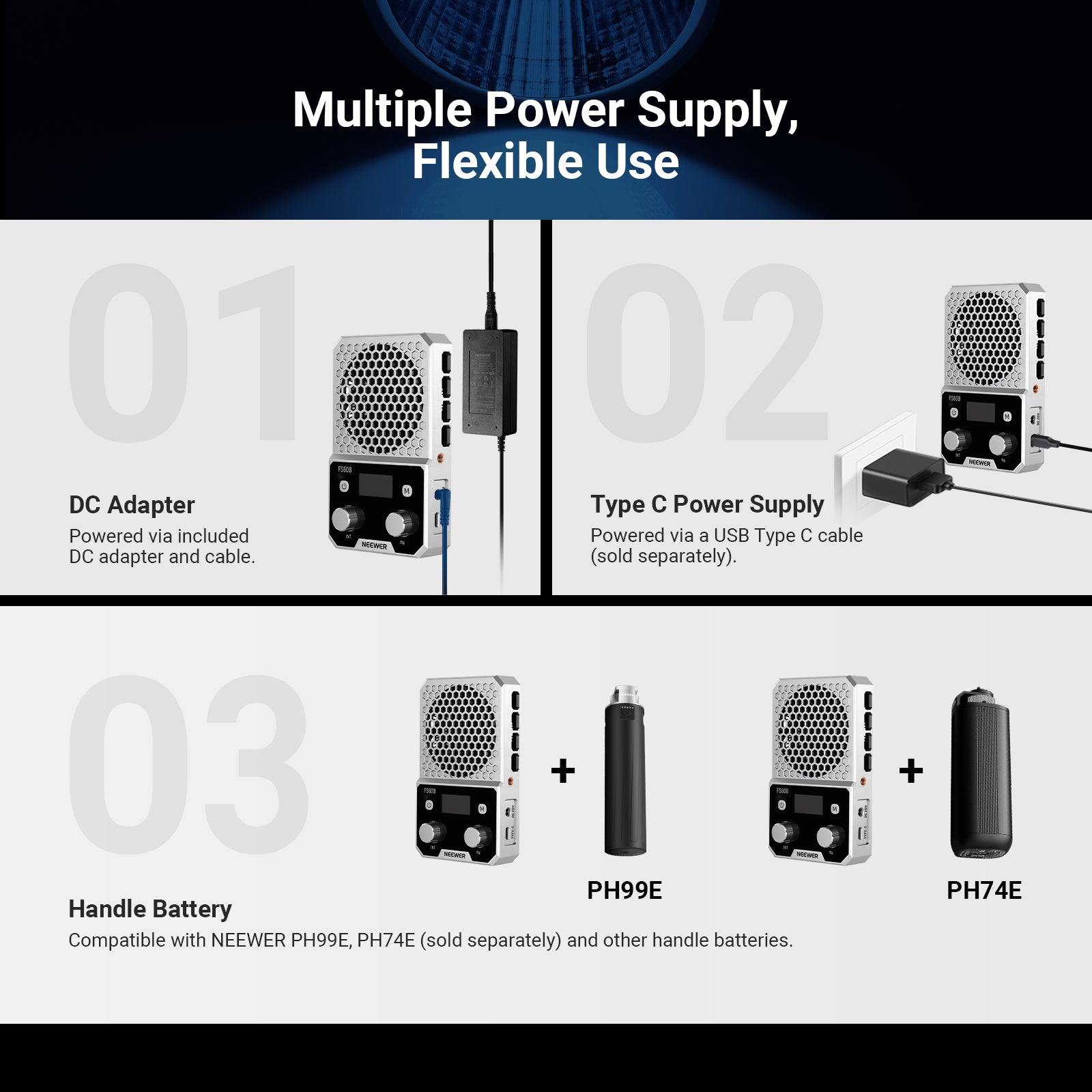 NEEWER FS60B powered by the included DC adapter, USB-C, or optional battery grips