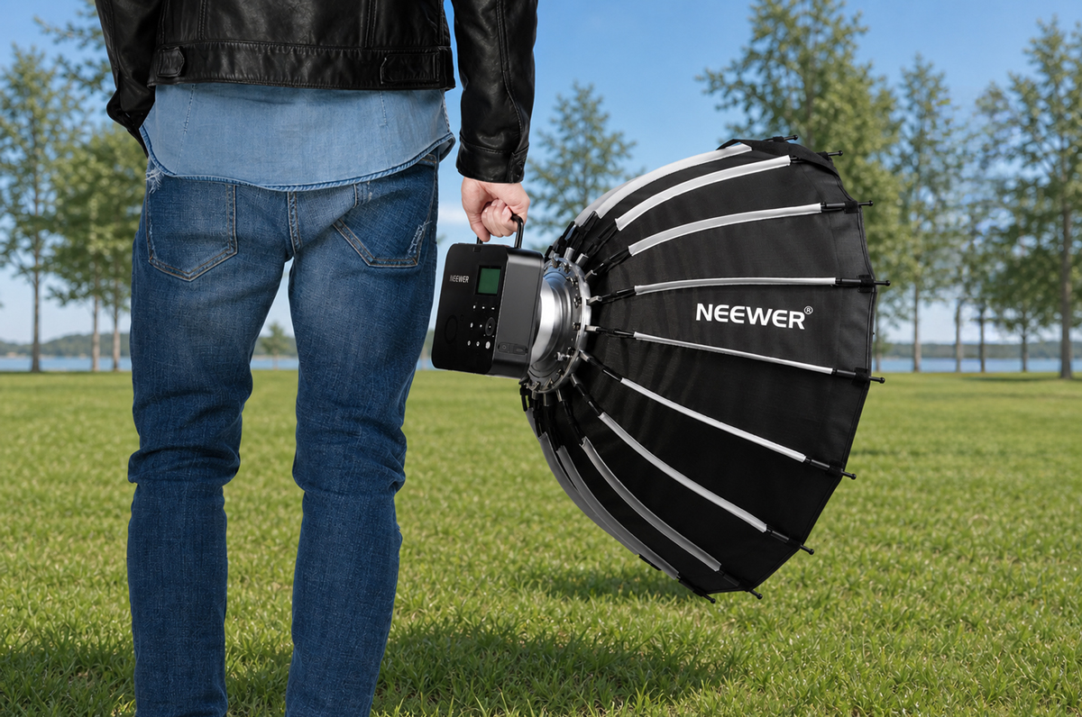 NEEWER Q4 square portable strobe carried outdoors with a modifier