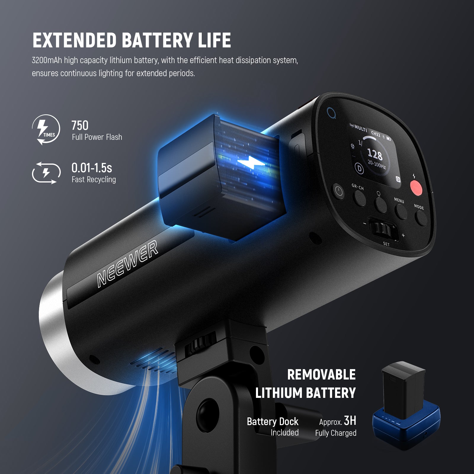 NEEWER Q200 removable 3200mAh lithium battery and 0.01-1.5 second recycle time