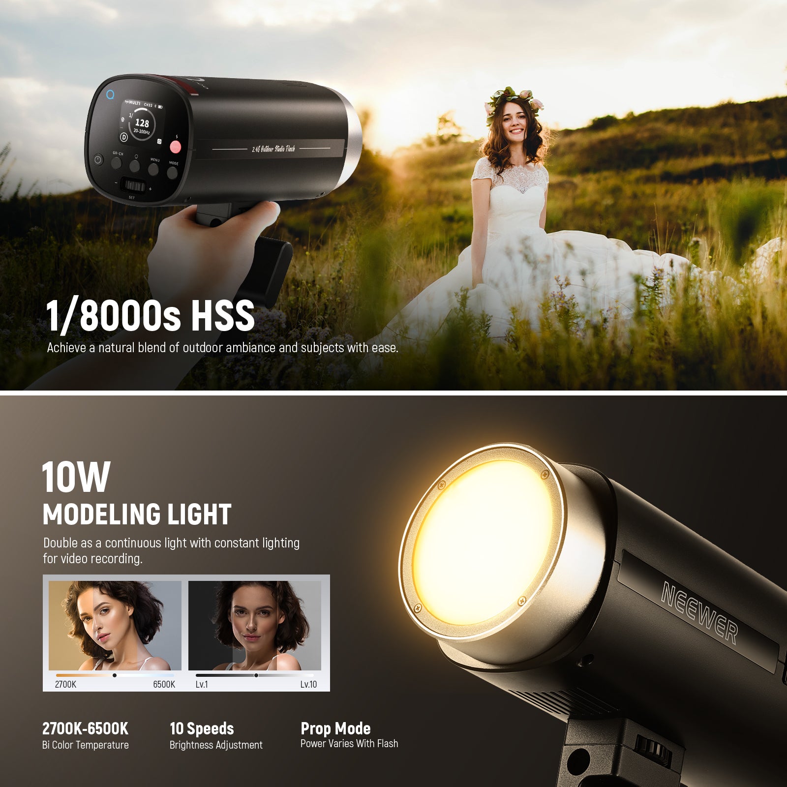NEEWER Q200 showing 1/8000s high-speed sync and the adjustable 2700K-6500K modeling light