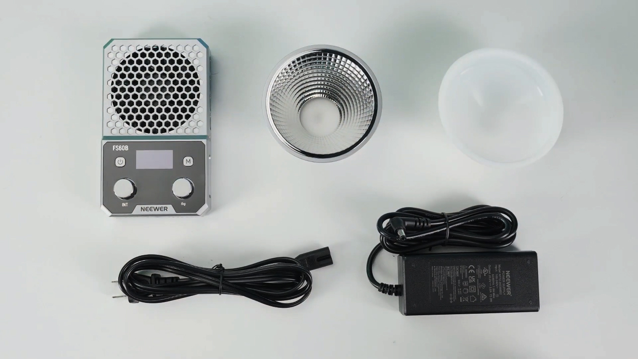 NEEWER FS60B LED video light with included reflector, diffuser, power adapter, and cable