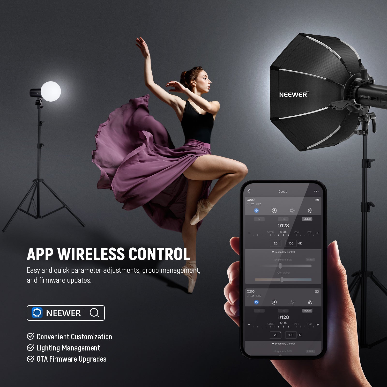 NEEWER Q200 app control used with an off-camera portrait lighting setup